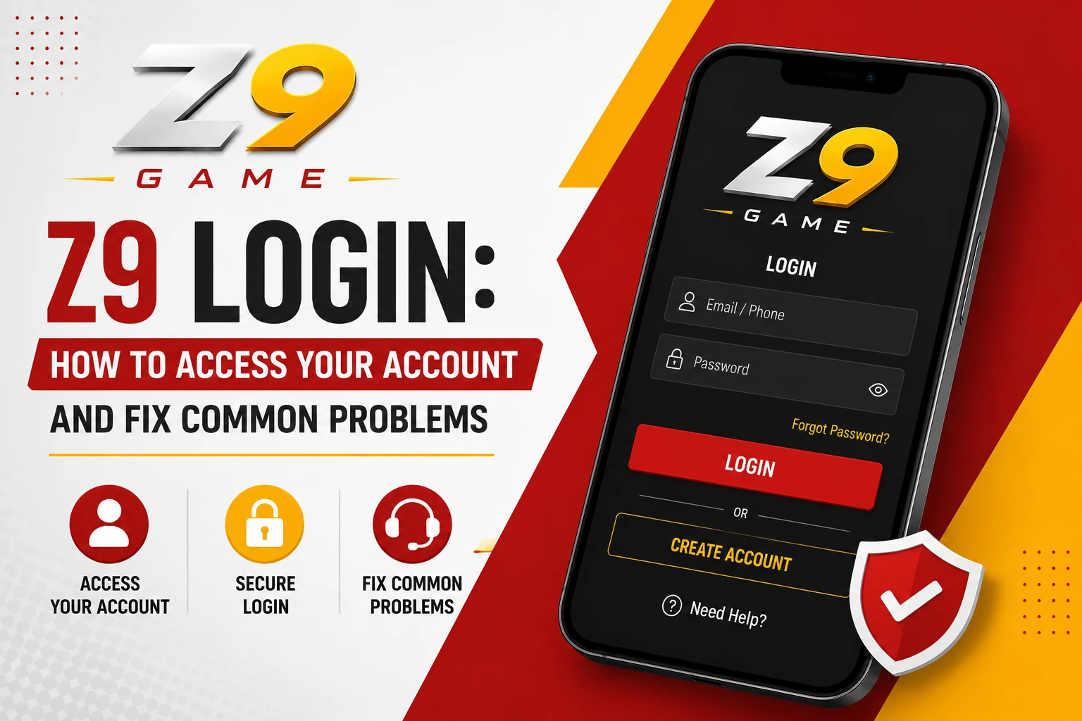 z9 game login screen with fields for username and password, highlighting account access and troubleshooting tips.